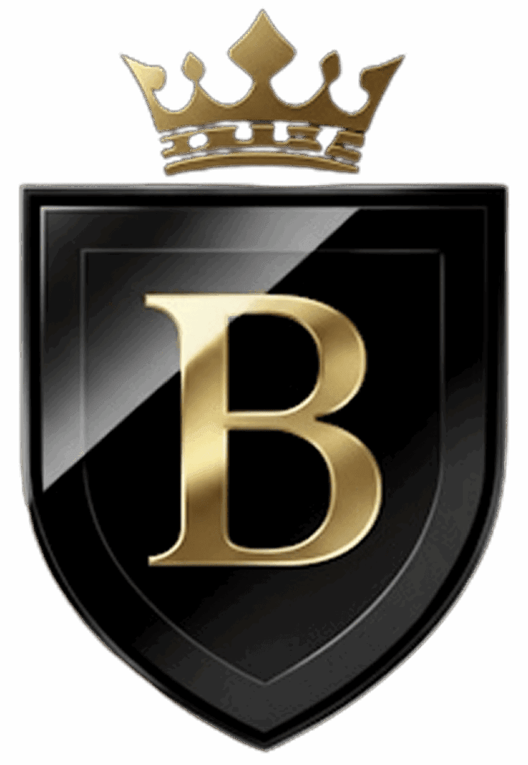 Gold "B" with crown on black shield.