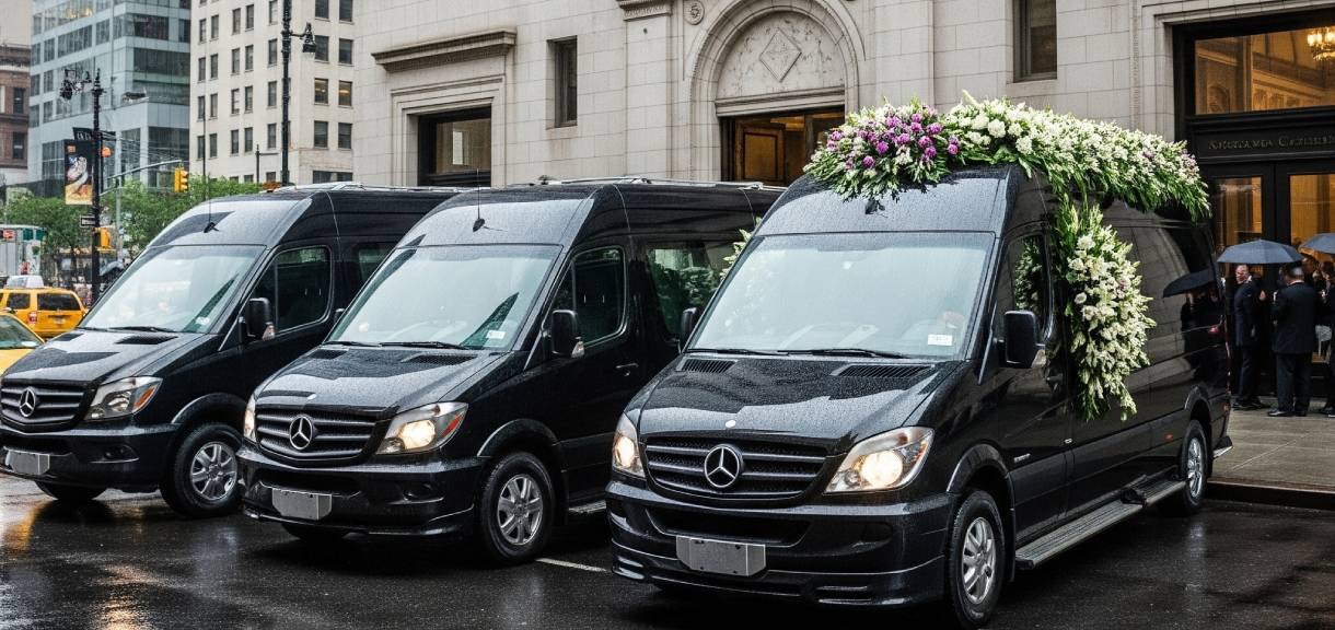 Black vans with floral decorations parked outside.