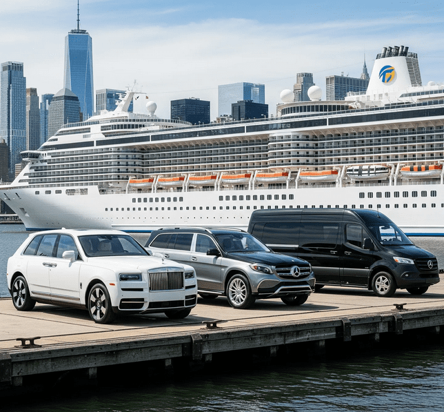 Luxury cars parked near cruise ship, cityscape.