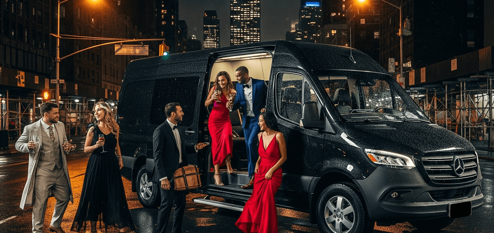 People in formal attire exiting luxury van.