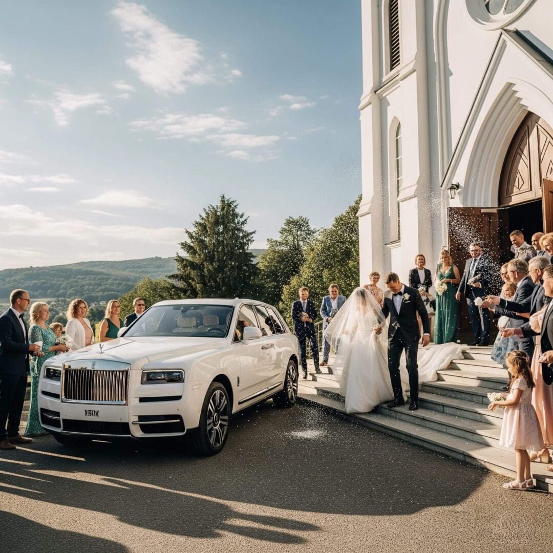 Bride and groom leaving church ceremony.