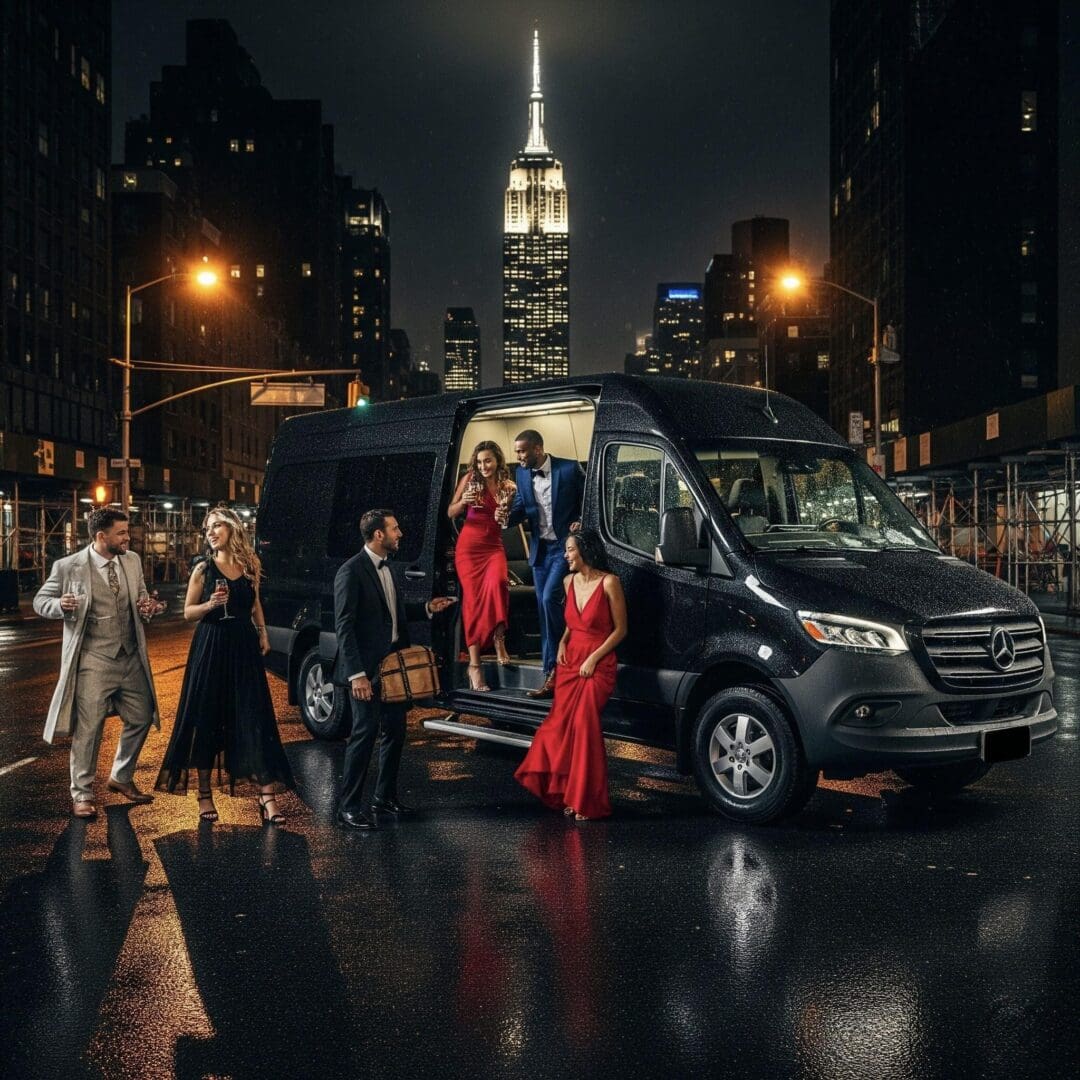 People in evening wear by luxury van.