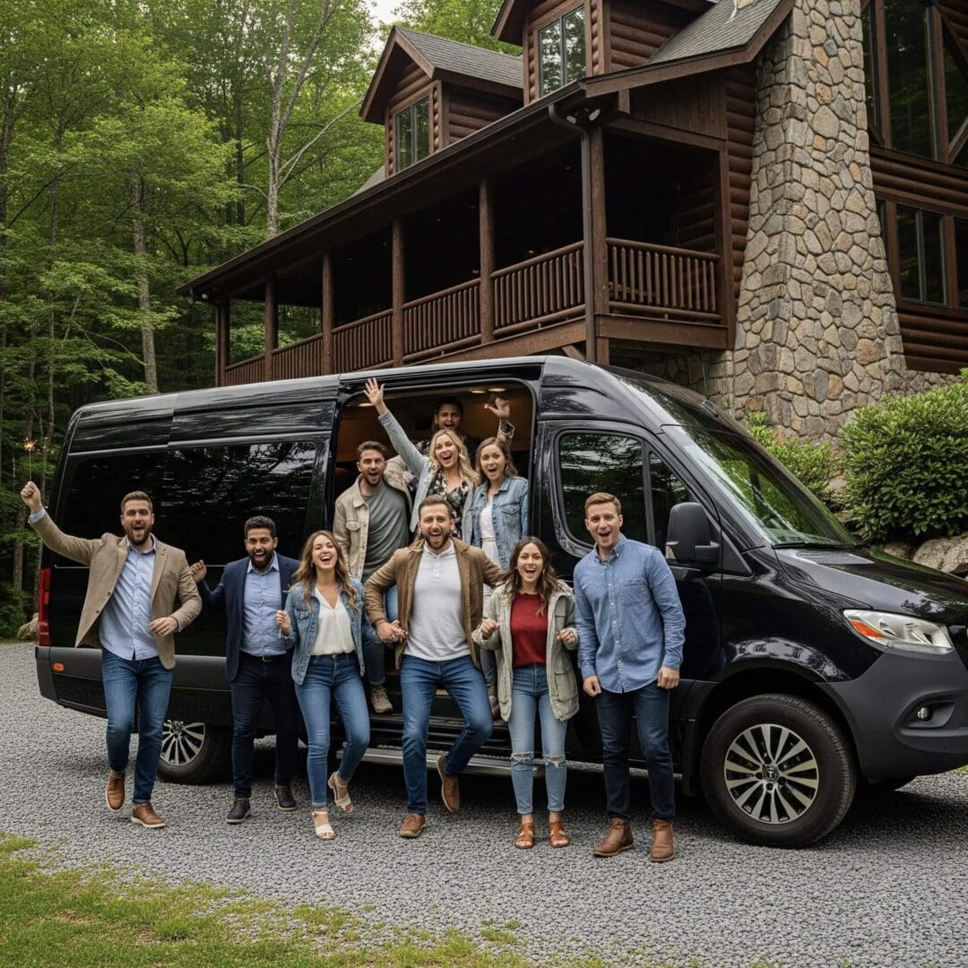 Group celebrating in front of a van.